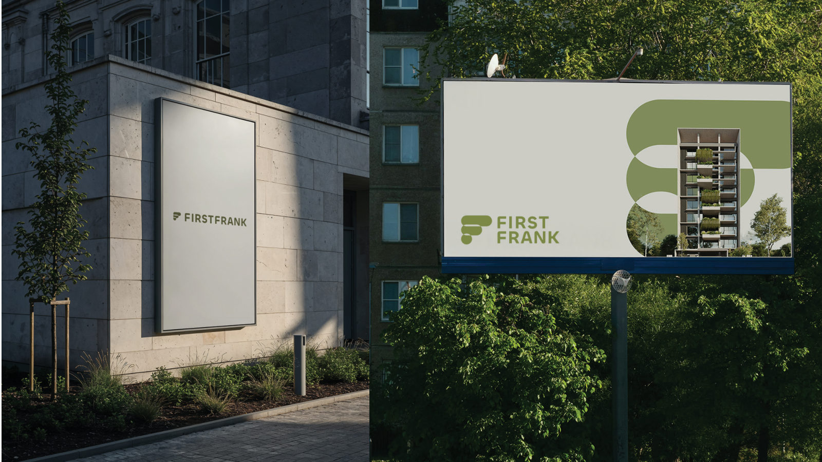 FIRSTFRANK — ตัวอย่างการใช้งานแบรนด์ (mockup) แบรนด์อสังหาริมทรัพย์