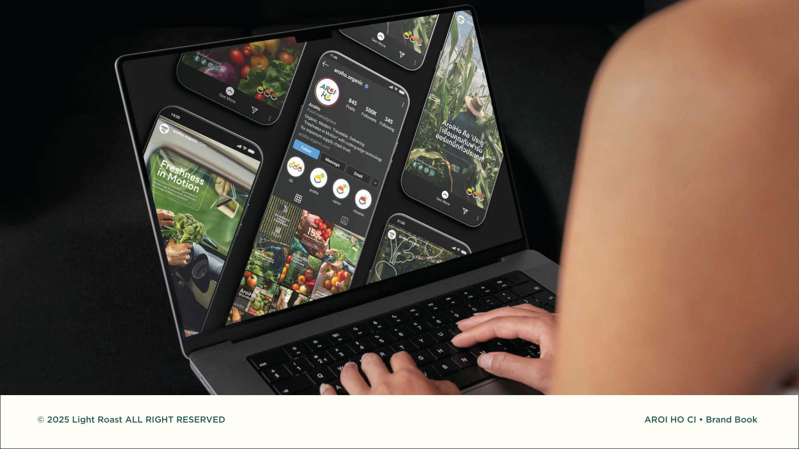 AROIHO — ตัวอย่างการใช้งานแบรนด์ (mockup) แบรนด์ผักผลไม้ออร์แกนิก