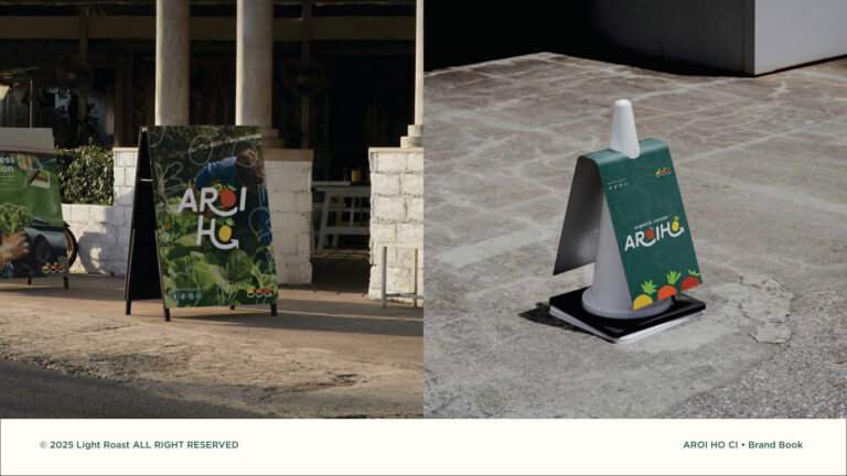 AROIHO — ตัวอย่างการใช้งานแบรนด์ (mockup) แบรนด์ผักผลไม้ออร์แกนิก