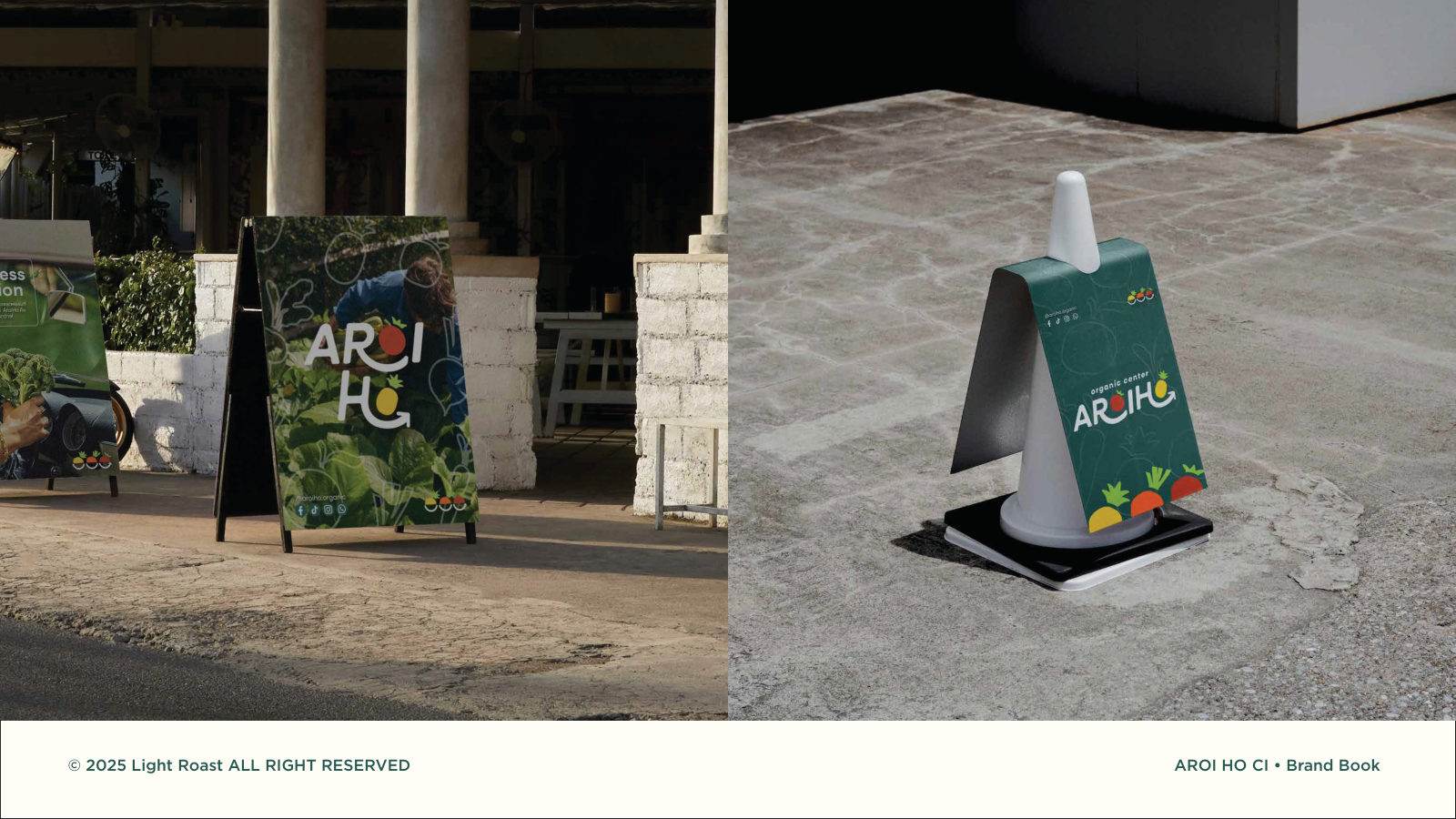 AROIHO — ตัวอย่างการใช้งานแบรนด์ (mockup) แบรนด์ผักผลไม้ออร์แกนิก