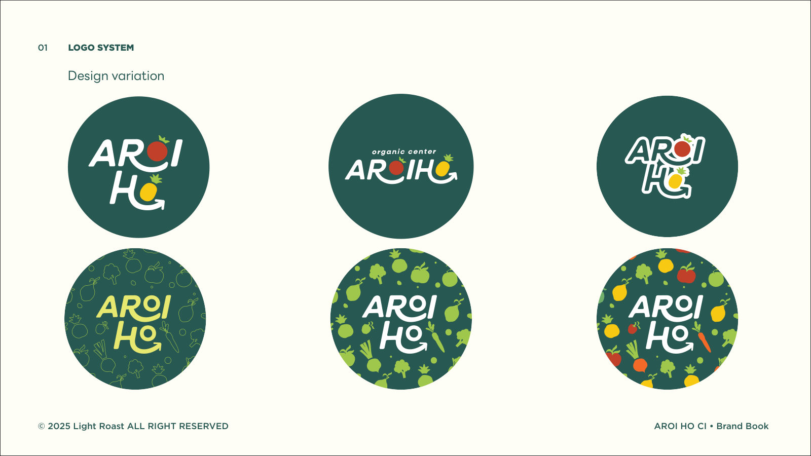 AROIHO — ตัวอย่างการใช้งานแบรนด์ (mockup) แบรนด์ผักผลไม้ออร์แกนิก