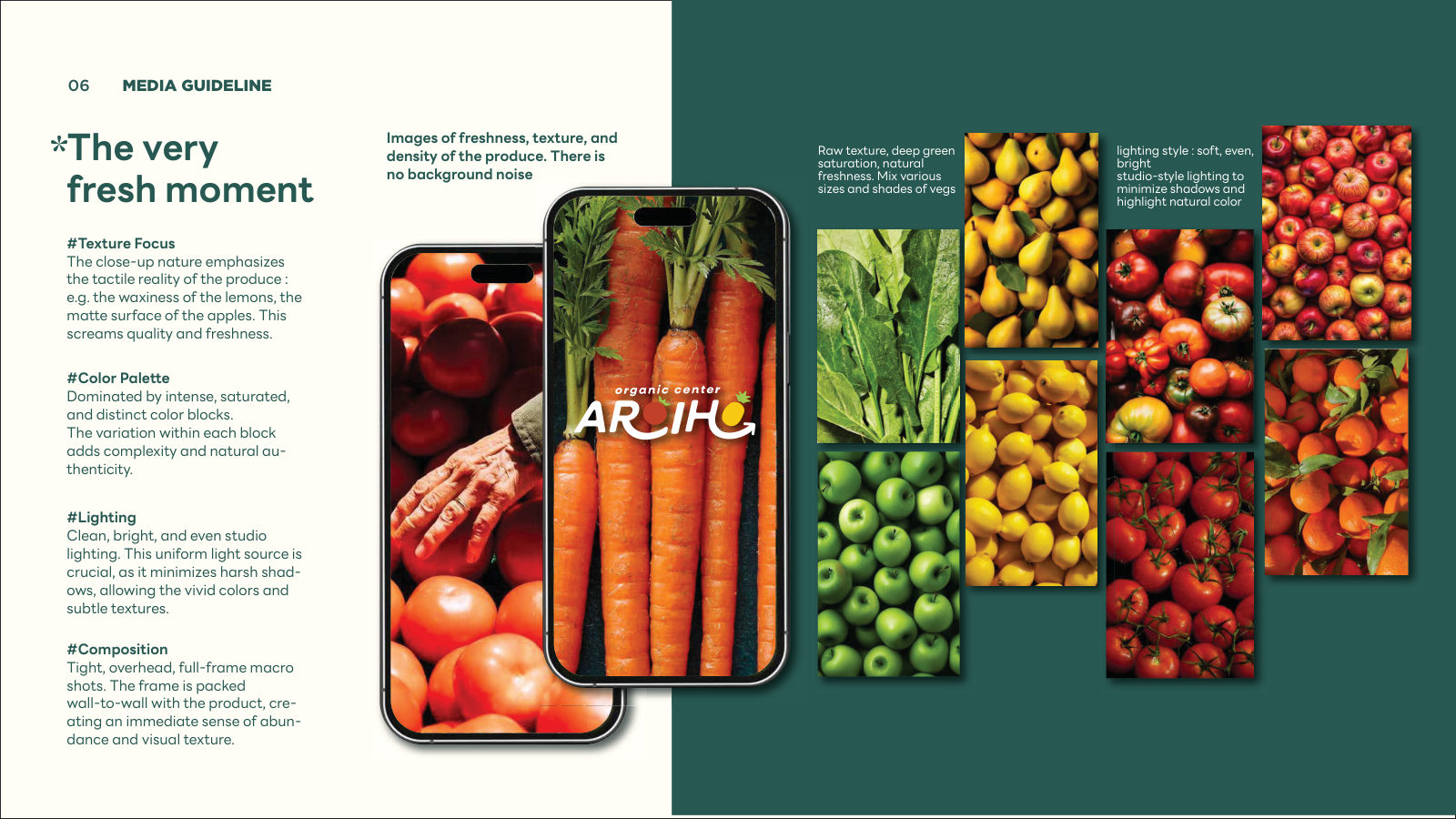 AROIHO — ตัวอย่างการใช้งานแบรนด์ (mockup) แบรนด์ผักผลไม้ออร์แกนิก