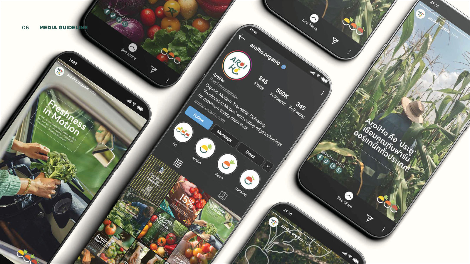 AROIHO — ตัวอย่างการใช้งานแบรนด์ (mockup) แบรนด์ผักผลไม้ออร์แกนิก