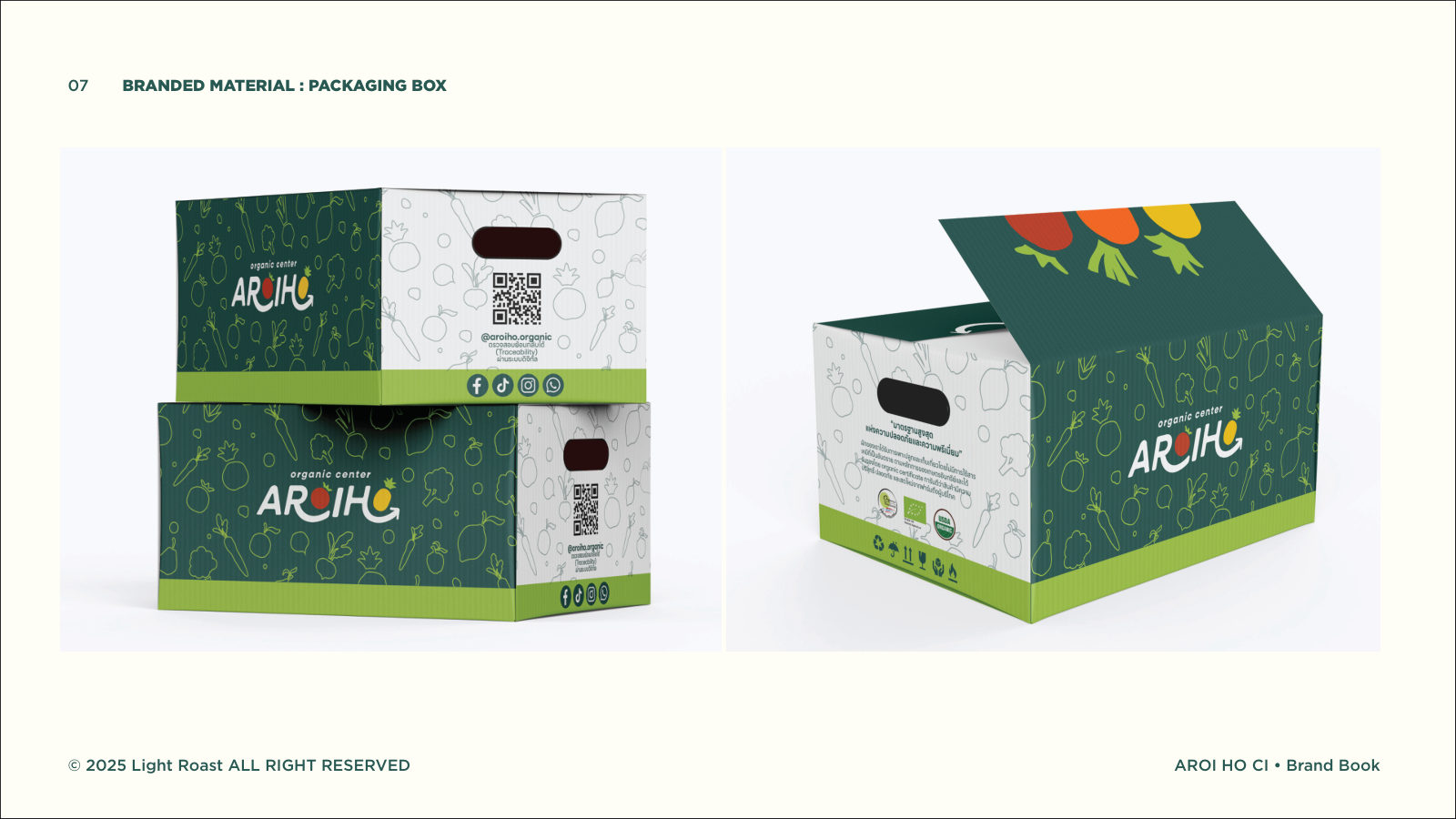 AROIHO — ตัวอย่างการใช้งานแบรนด์ (mockup) แบรนด์ผักผลไม้ออร์แกนิก