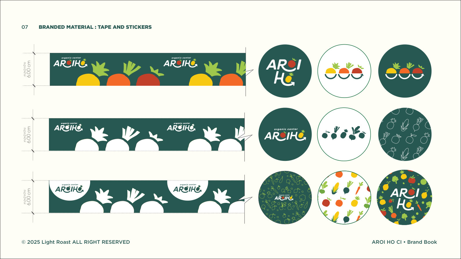 AROIHO — ตัวอย่างการใช้งานแบรนด์ (mockup) แบรนด์ผักผลไม้ออร์แกนิก