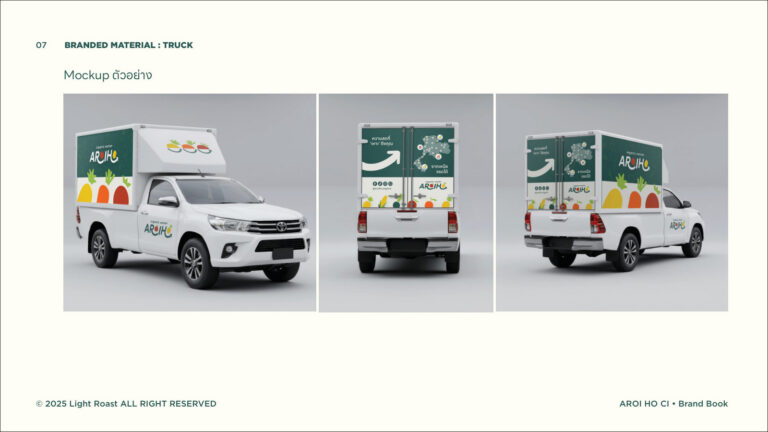 AROIHO — ตัวอย่างการใช้งานแบรนด์ (mockup) แบรนด์ผักผลไม้ออร์แกนิก