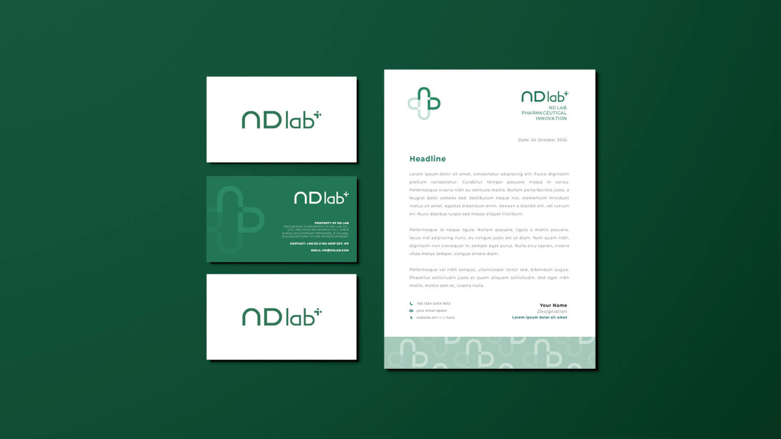 ND LAB — ตัวอย่างการใช้งานแบรนด์ (mockup) แบรนด์อาหารเสริม