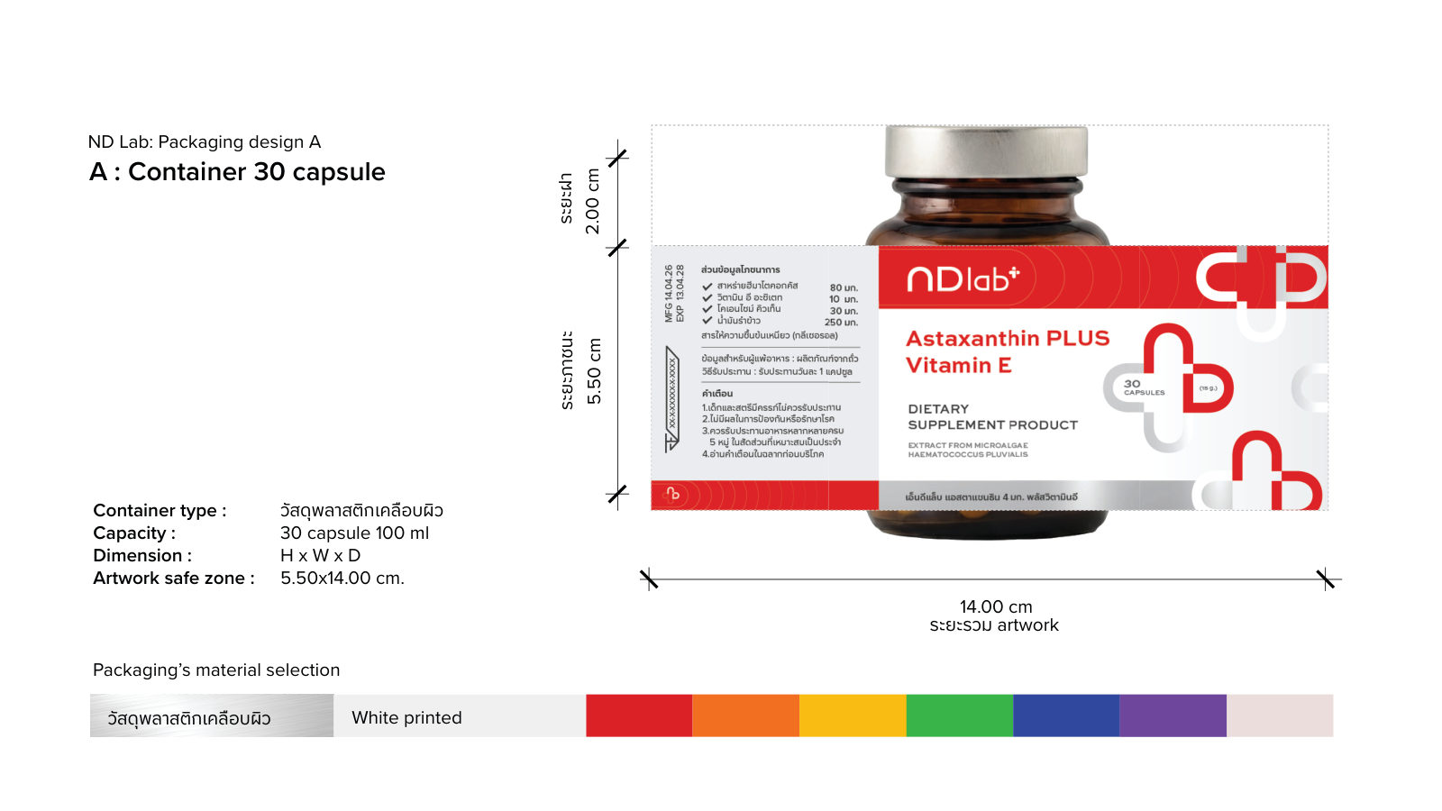 ND LAB — ตัวอย่างการใช้งานแบรนด์ (mockup) แบรนด์อาหารเสริม