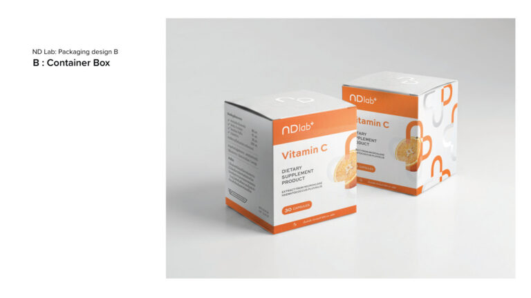 ND LAB — ตัวอย่างการใช้งานแบรนด์ (mockup) แบรนด์อาหารเสริม