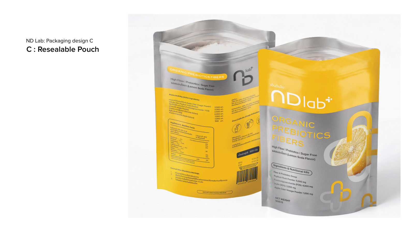 ND LAB — ตัวอย่างการใช้งานแบรนด์ (mockup) แบรนด์อาหารเสริม