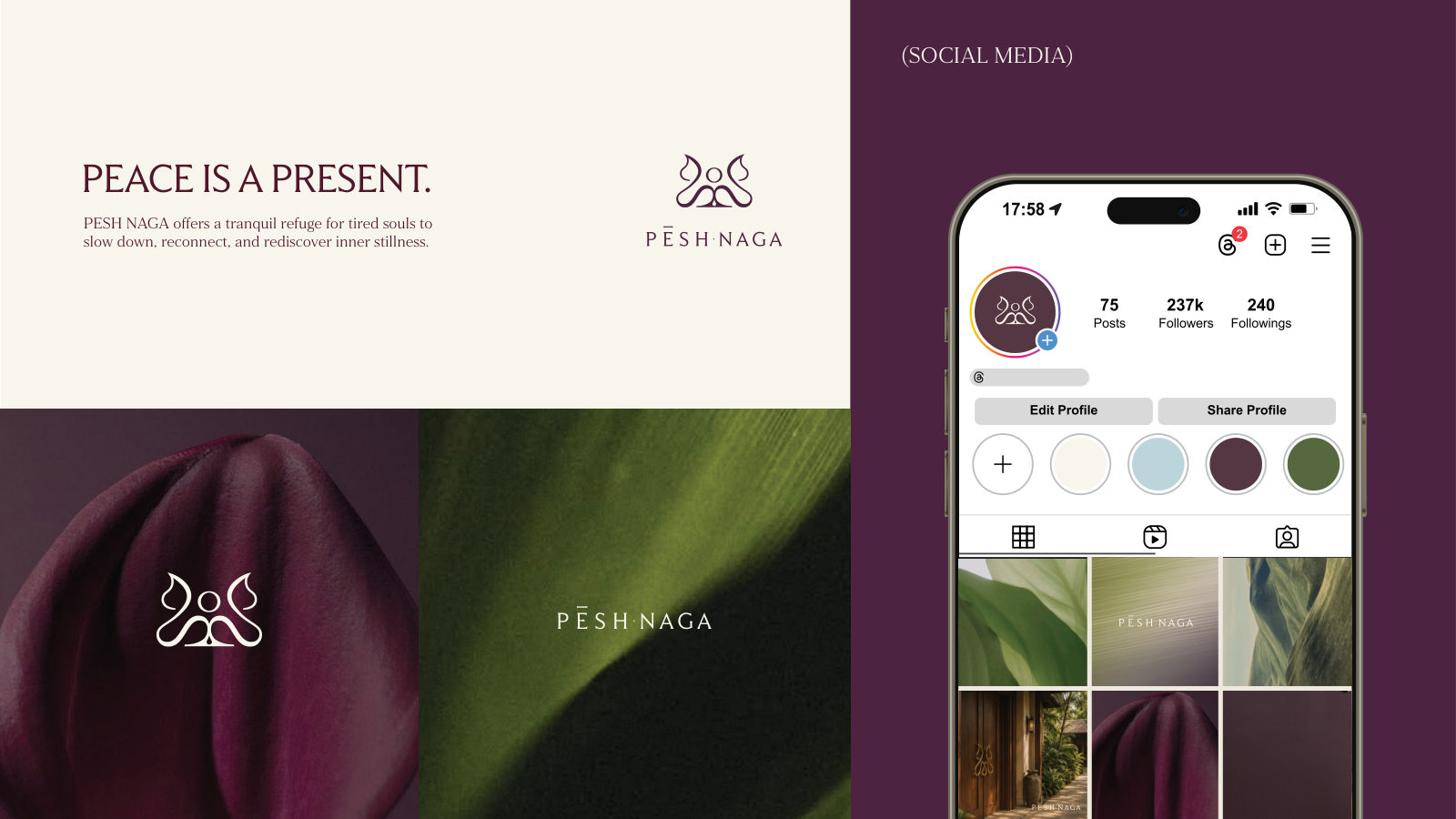 Pesh Naga — ตัวอย่างการใช้งานแบรนด์ (mockup) แบรนด์รีสอร์ต