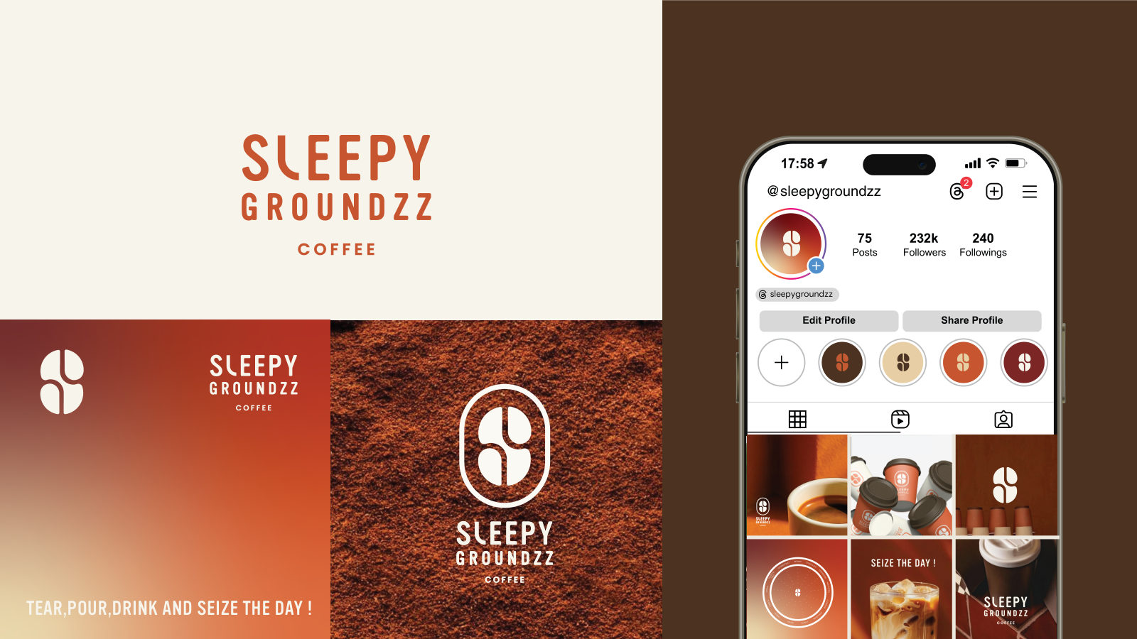 Sleepy Groundzz — ตัวอย่างการใช้งานแบรนด์ (mockup) แบรนด์กาแฟ