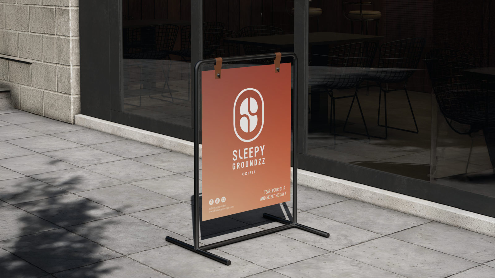 Sleepy Groundzz — ตัวอย่างการใช้งานแบรนด์ (mockup) แบรนด์กาแฟ