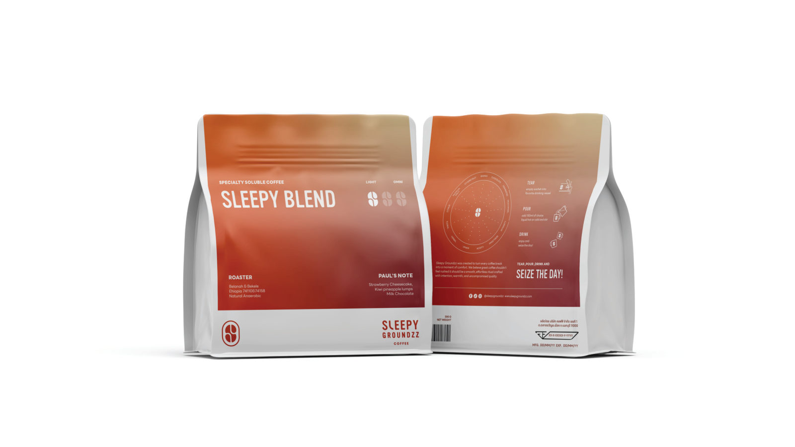 Sleepy Groundzz — ตัวอย่างการใช้งานแบรนด์ (mockup) แบรนด์กาแฟ