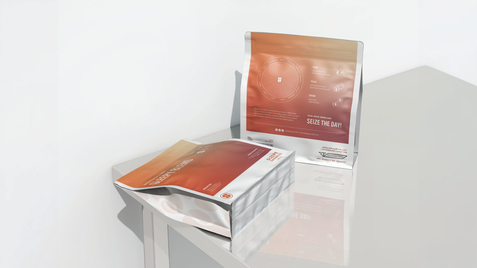 Sleepy Groundzz — ตัวอย่างการใช้งานแบรนด์ (mockup) แบรนด์กาแฟ