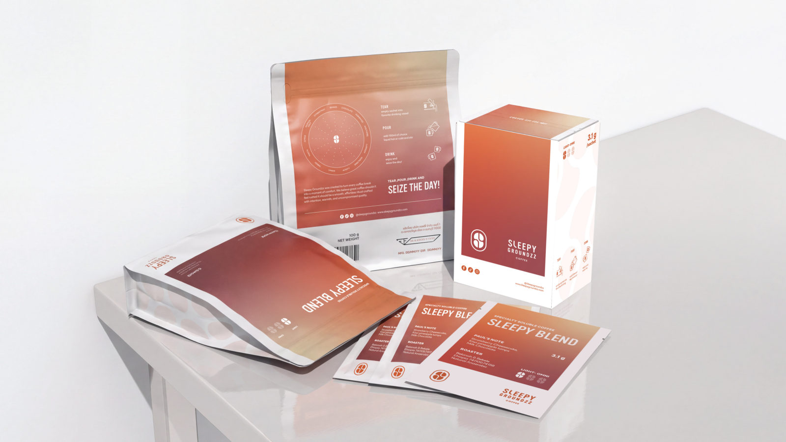 Sleepy Groundzz — ตัวอย่างการใช้งานแบรนด์ (mockup) แบรนด์กาแฟ